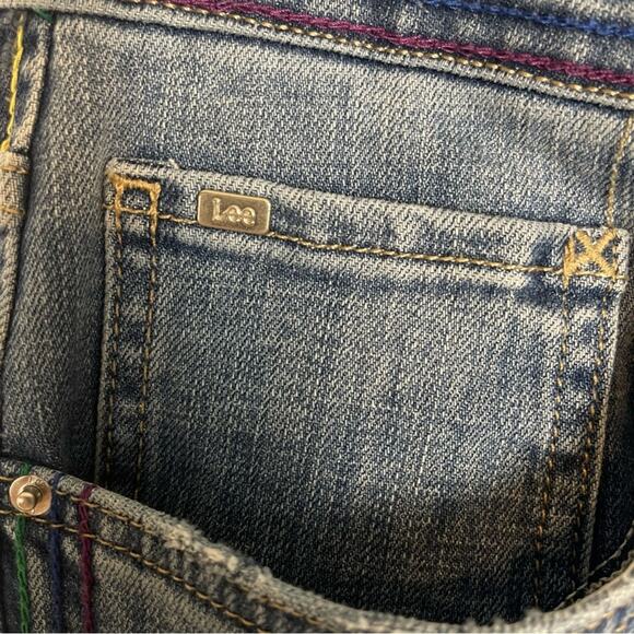 Lee Rainbow Striped Y2K Kick Flare Button Fly Blue Ankle Jeans Size 12 - Picture 8 of 9